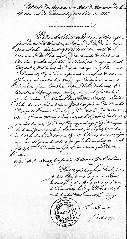 Copy of birth certificate for Marie-Louise Carpentier (Emile's mother)