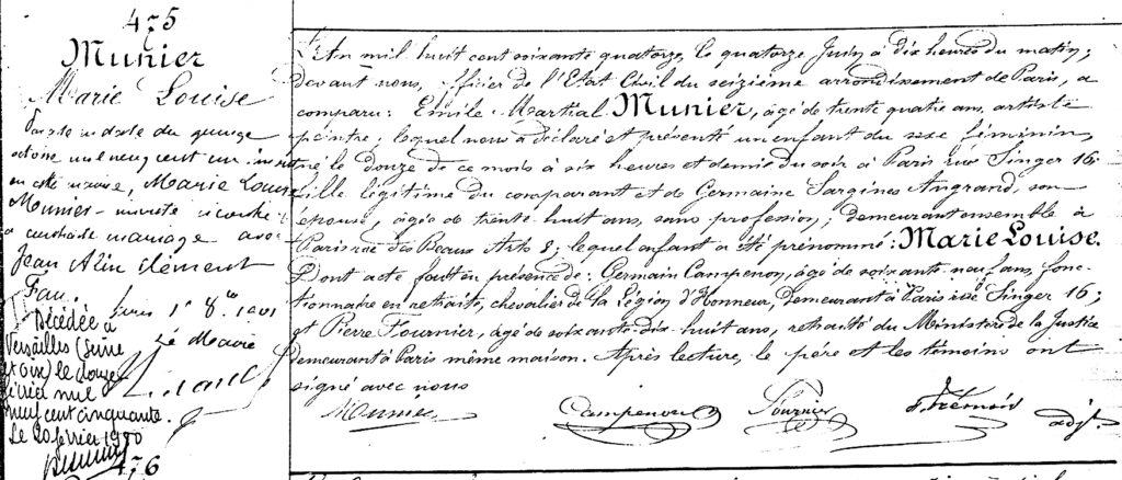Copy of birth certificate for Marie-Louise Munier (Emile's daughter) - June 12, 1874.