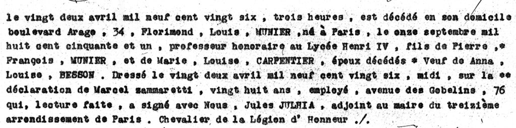 Copy of the death certificate for Florimond-Louis Munier (Emile's younger brother) - April 22, 1926.