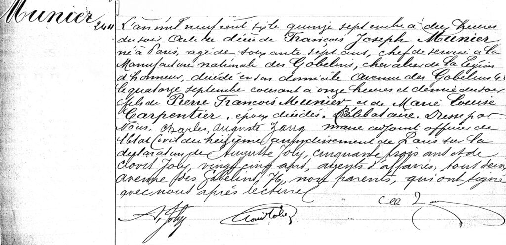 Copy of death certificate for François-Joseph Munier (Emile's brother) - September 14, 1906.