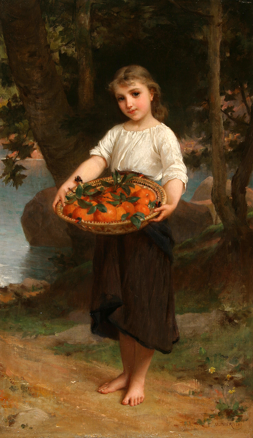 A girl holing a basket of oranges - Girl with Basket of Oranges - Emile Munier