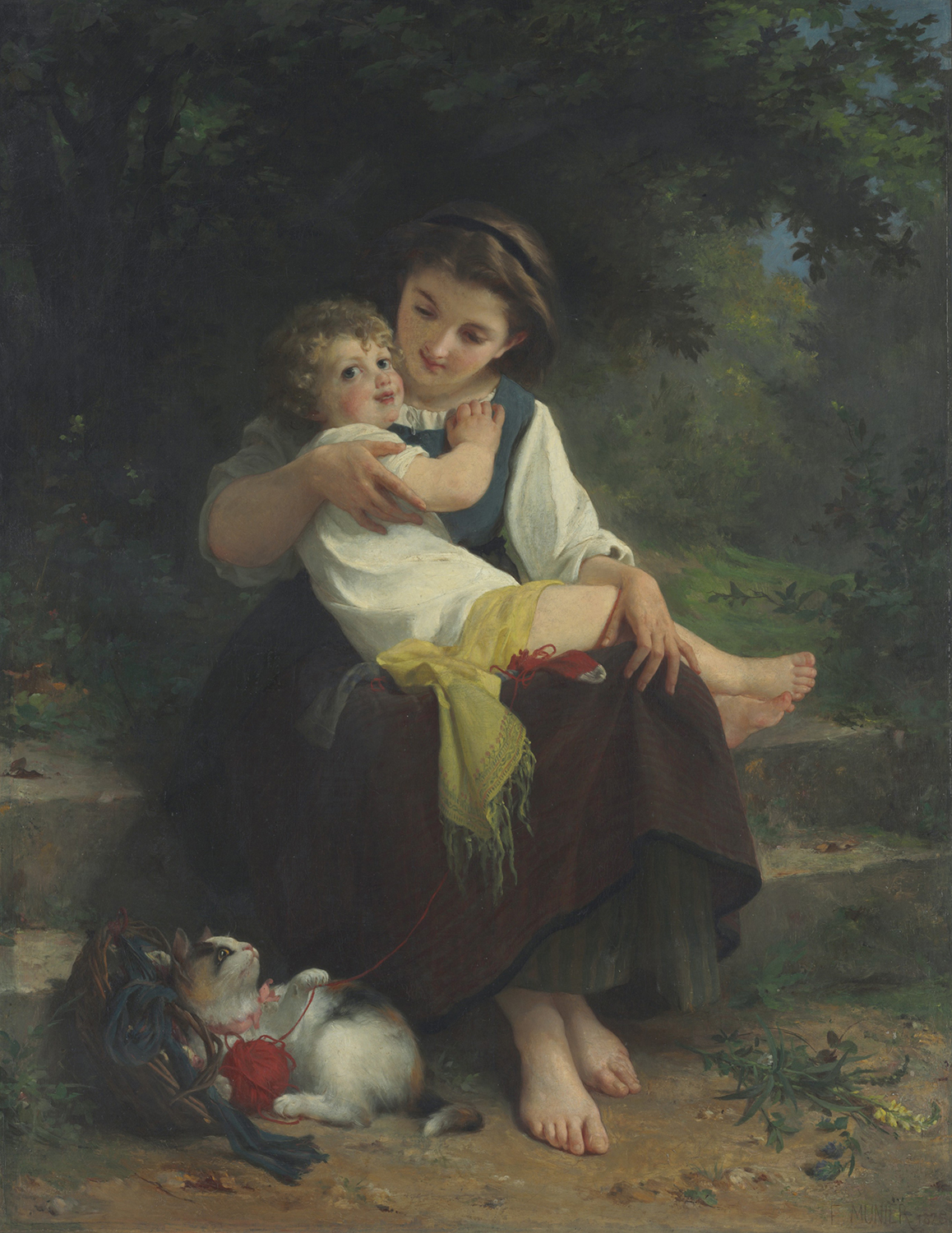 A mother and child with a kitten