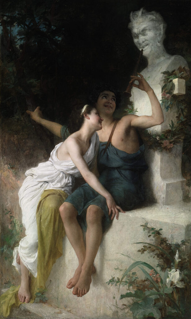 two young lovers in front of a statue pan