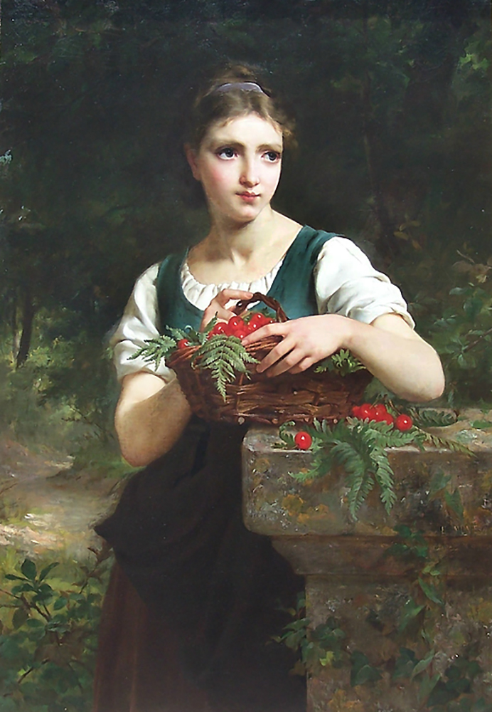 A young woman in a landscape with a basket of cherries - Girl with Basket of Cherries - Emile Munier