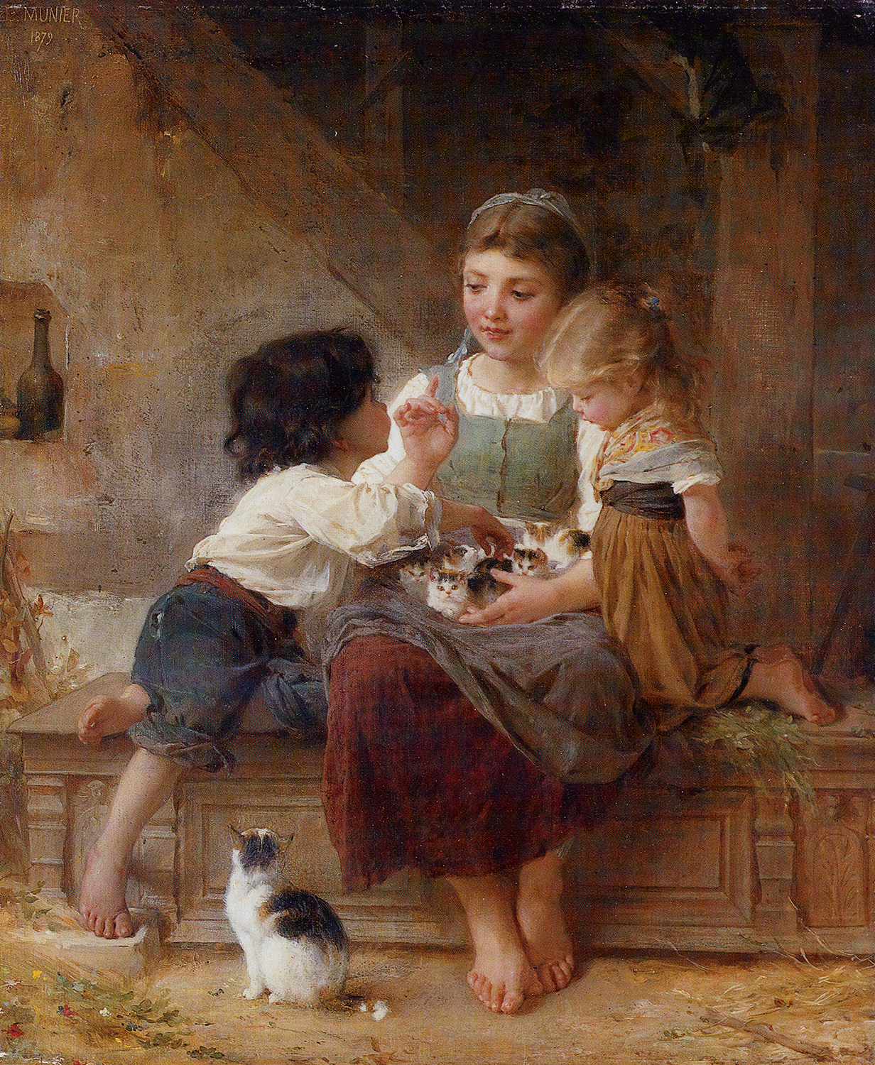 A mother and children with cats