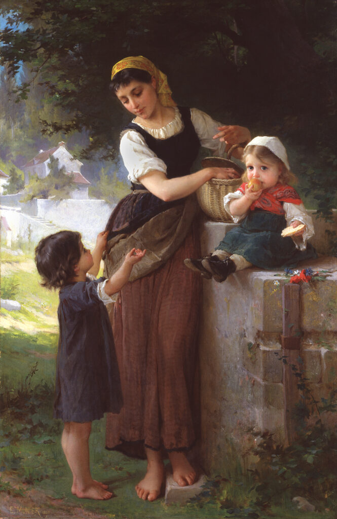 A mother and two young children in a landscape