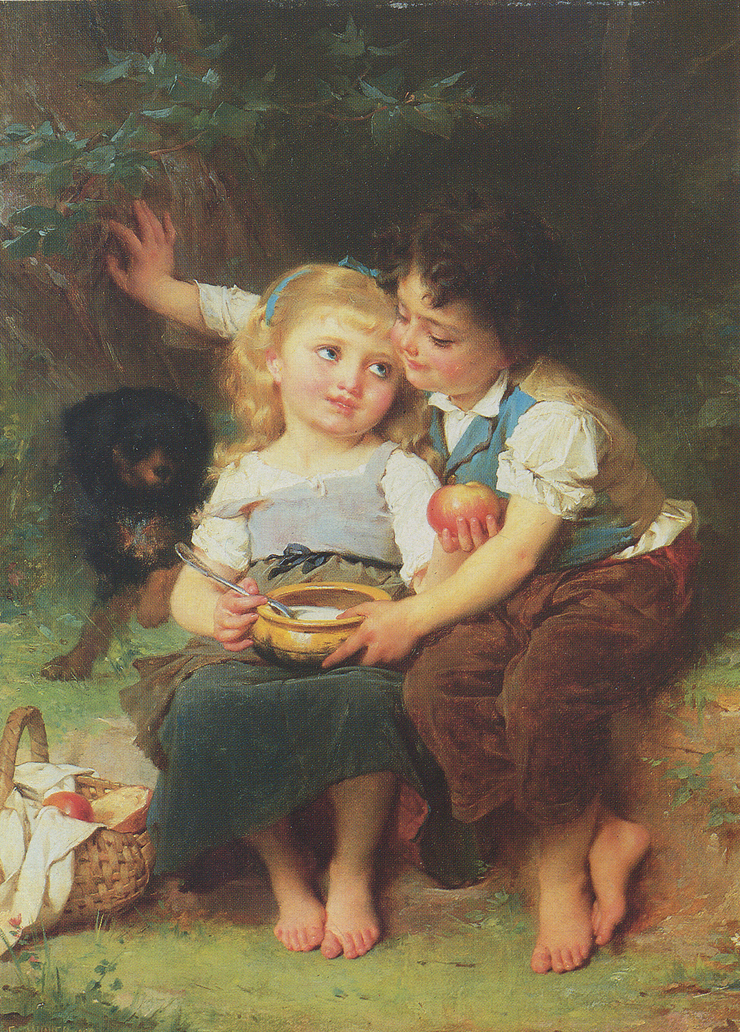 2 children eating with a dog by their side