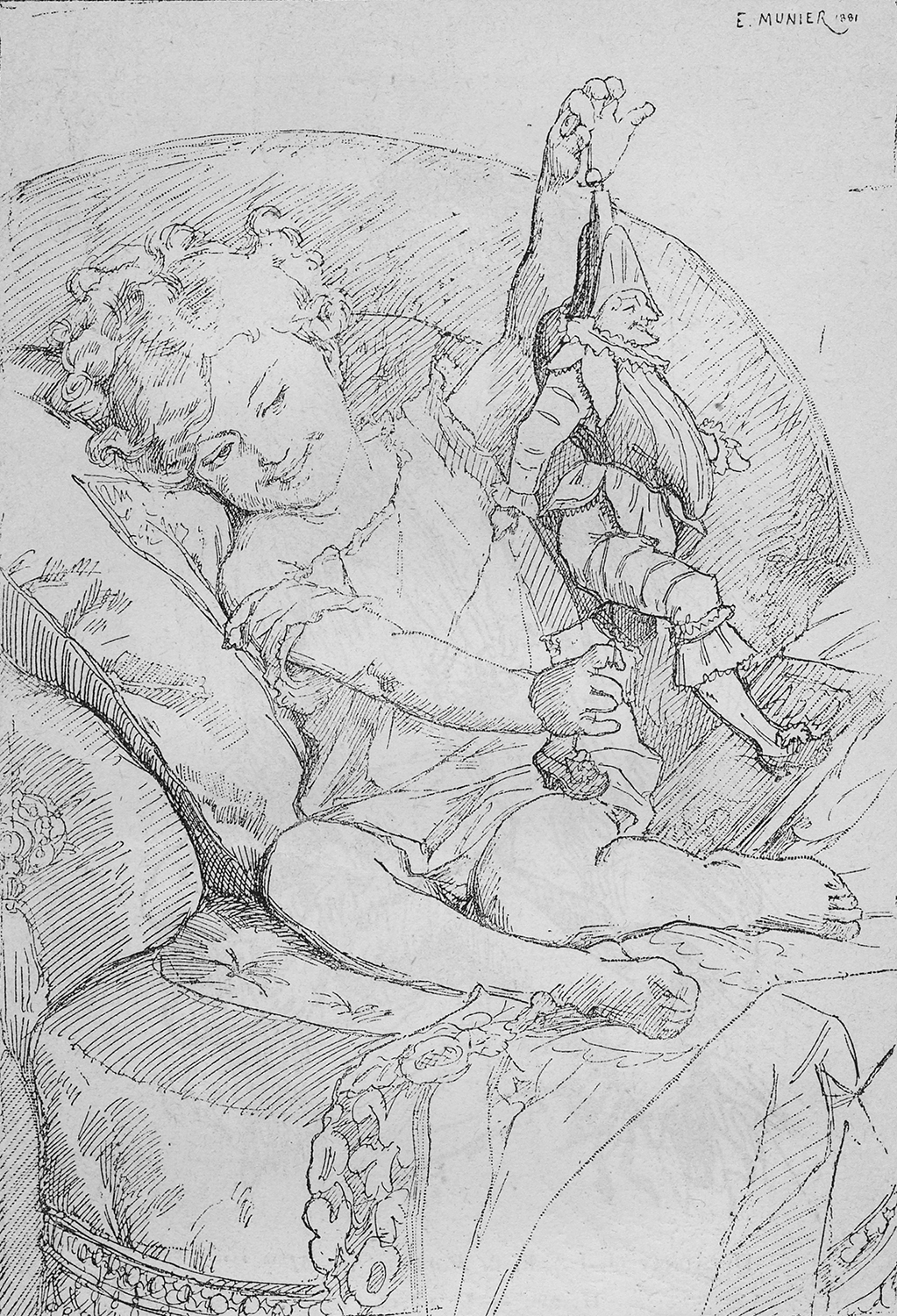 drawing of a young girl with a doll