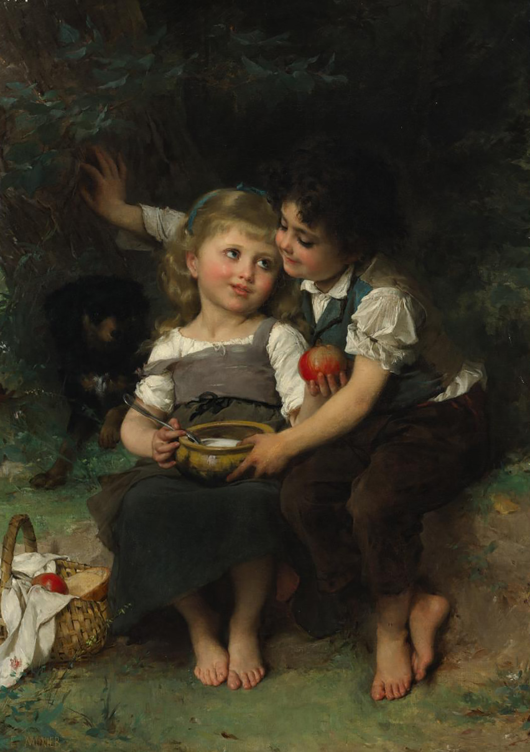 two children with a dog and bowl of milk