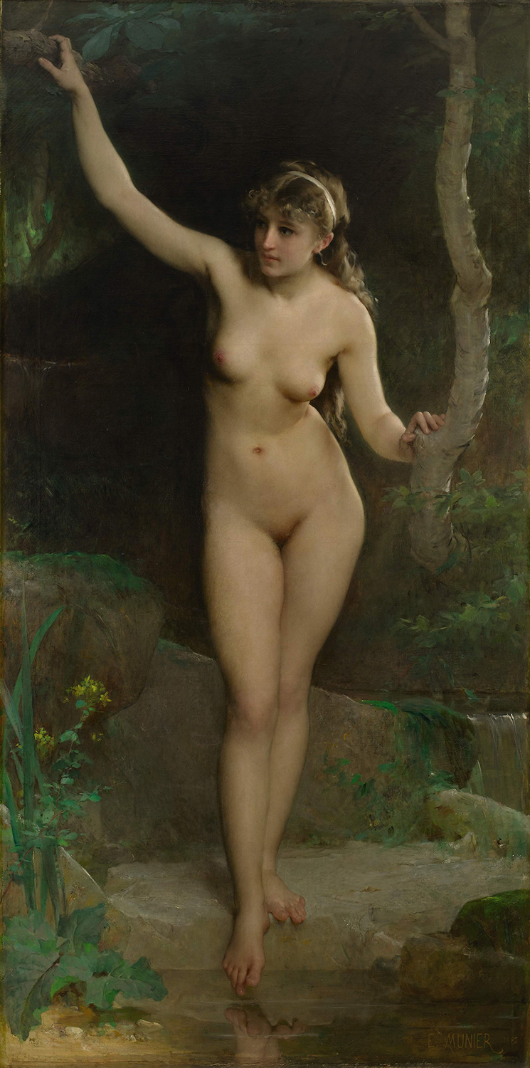 nude woman by a stream
