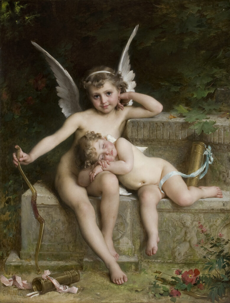 Cupid and putti on a stone seat