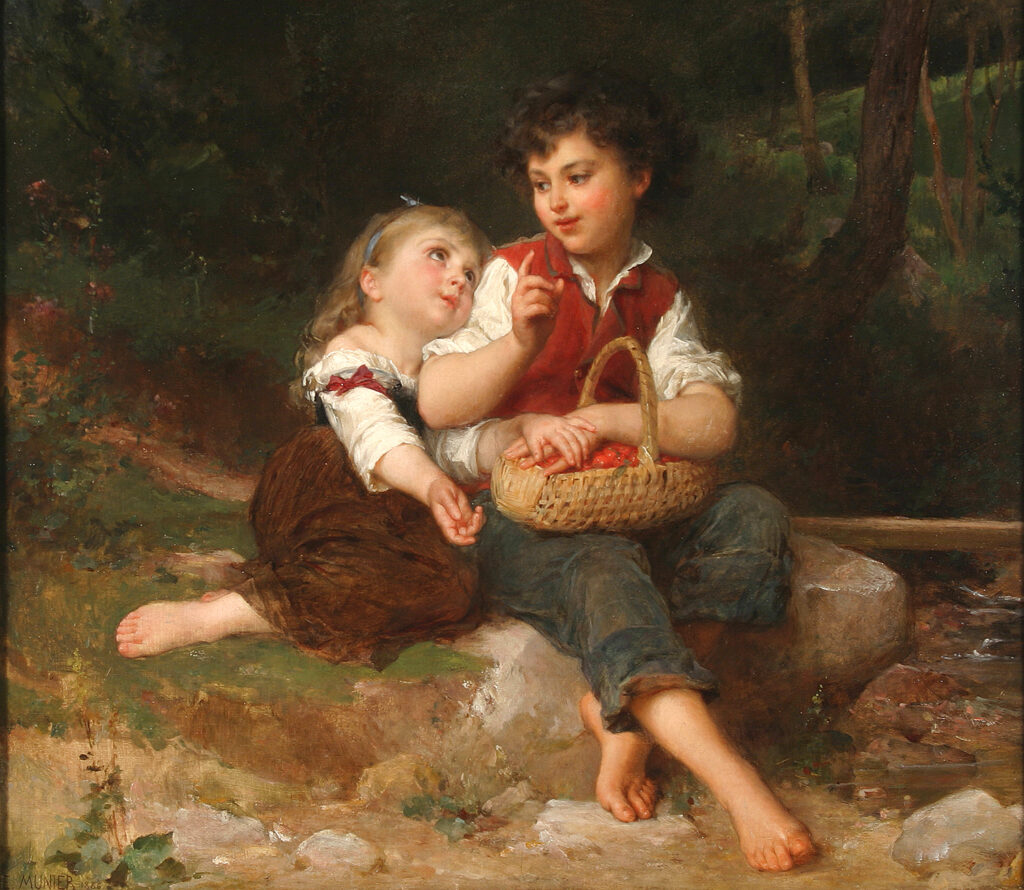 two children and a basket of fruit