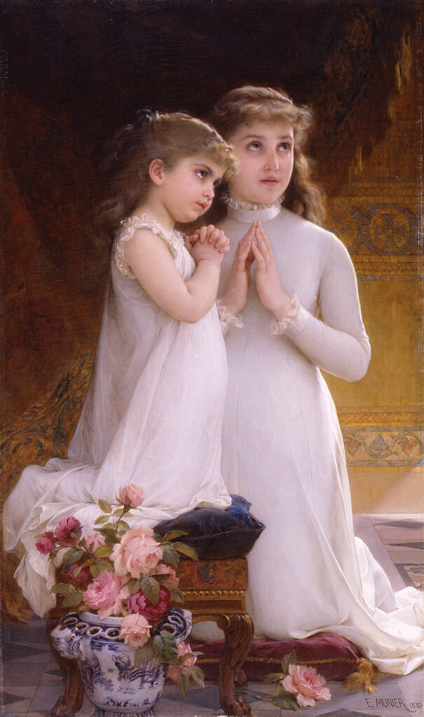 two young girls praying - La Priére (Prayer) - Emile Munier
