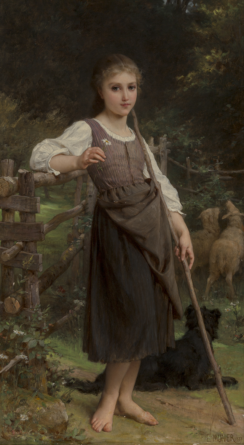 a young woman with a dog and sheep - The Shepherdess - Emile Munier