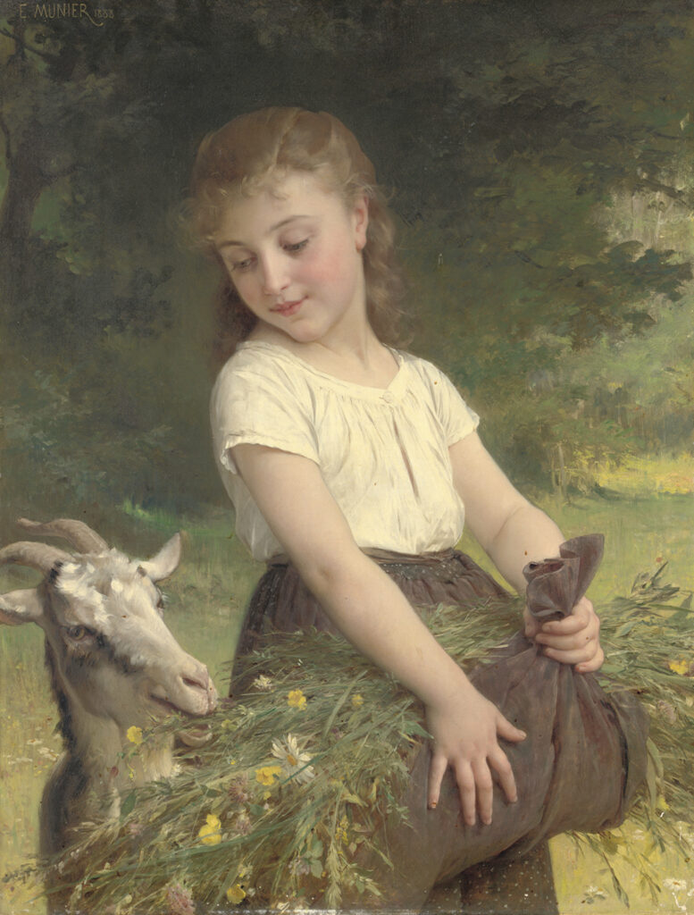 a young girl and goat gathering flowers - Gathering Wild Flowers - Emile Munier