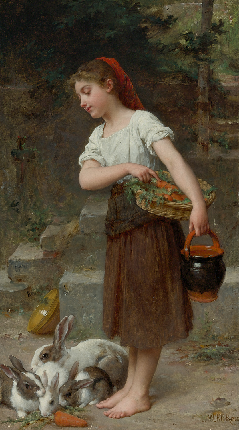 A young girl feeding rabbits - Feeding the Rabbits - Emile Munier