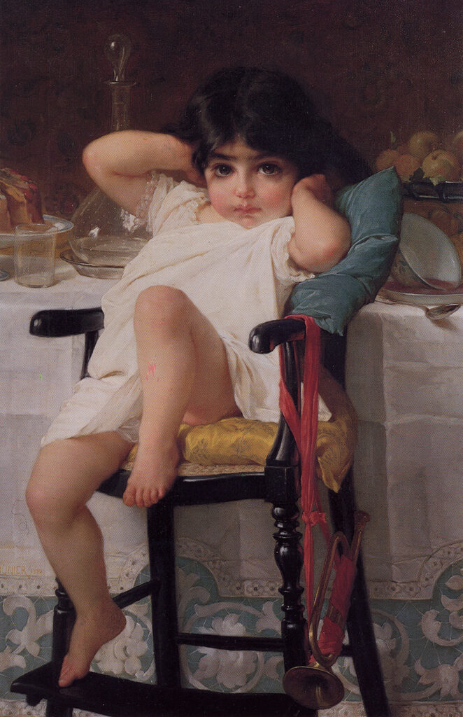 a young girl seated at a table with a bugle - Young Girl with a Bugle - Emile Munier