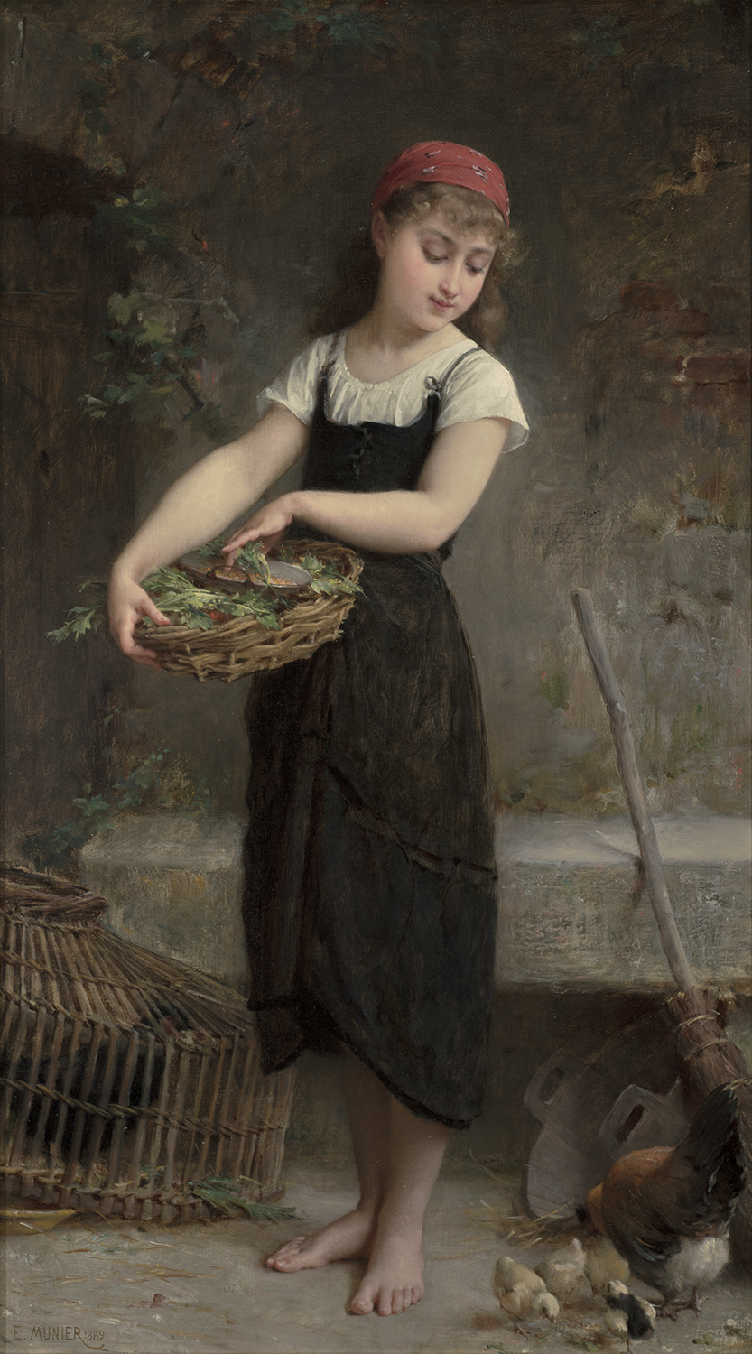 A young girl with a basket in her hand feeding baby chickens - Feeding the Chicks - Emile Munier