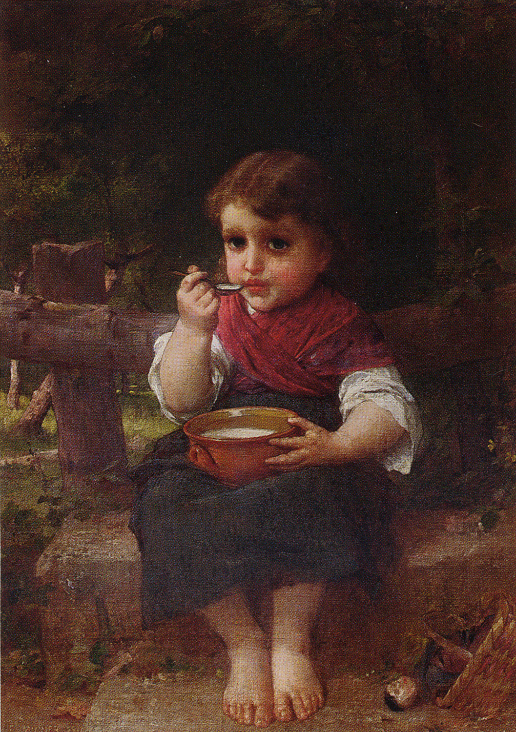 A young girl seated on steps with a bowl of milk