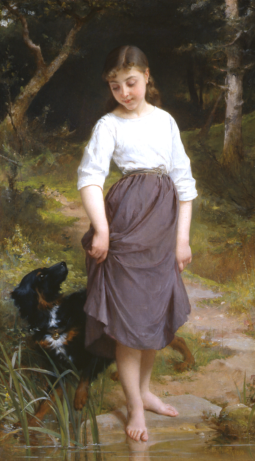 a girl with a dog by the river - Essai de l'Eau - Emile Munier