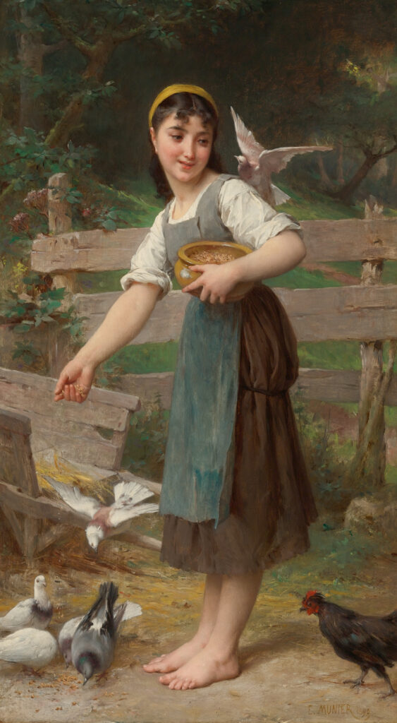 a young woman feeding birds - Feeding the Doves - Emile Munier