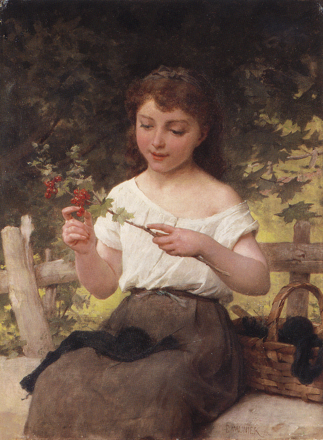A young girl with a branch with berries - A Sprig of Berries - Emile Munier