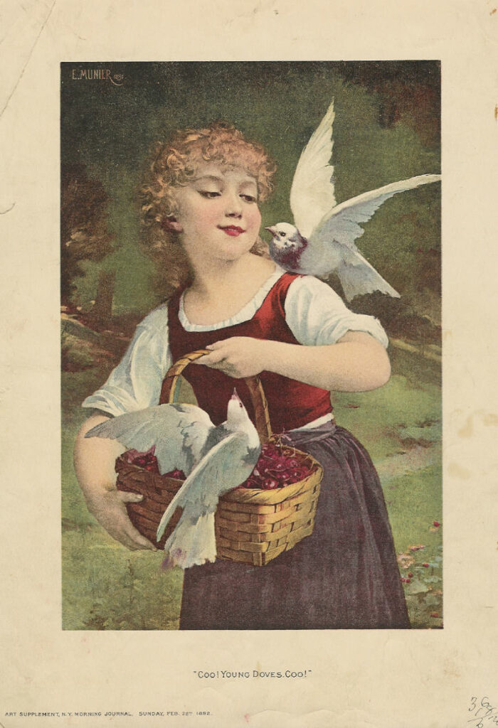 young girl with a basket of berries and birds