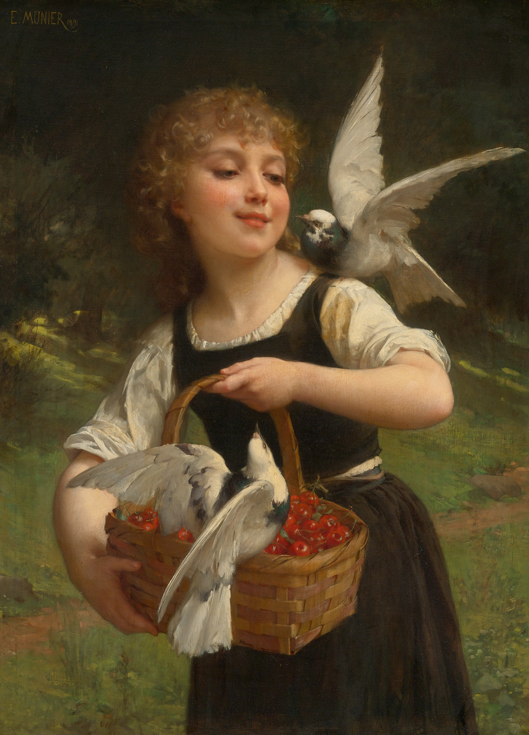 A young girl with a basket of berries and birds - Coo! Young Doves. Coo! - Emile Munier