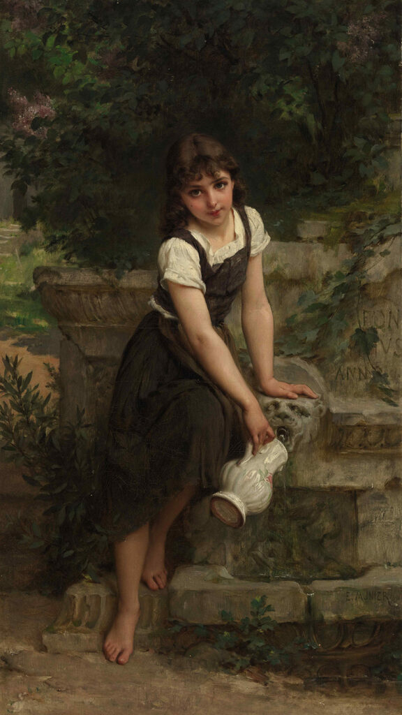 A young girl filling a jug by a fountain - At the Fountain - Emile Munier