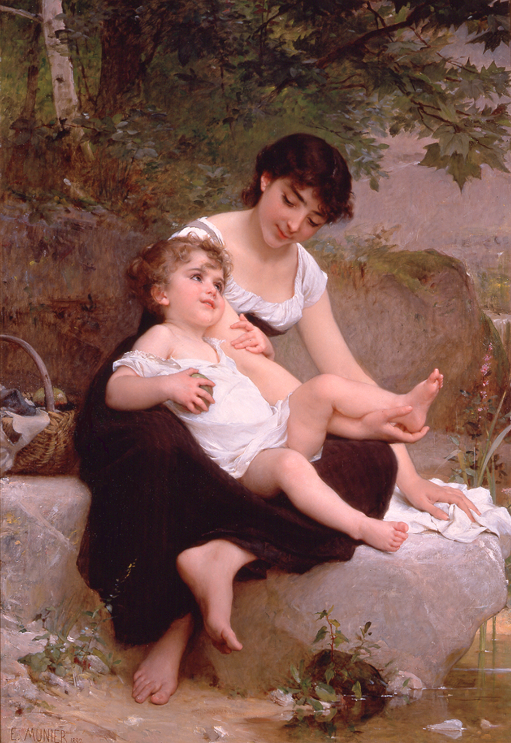 a mother and child by the side of a river - Mother and Child (The Cold Bath) - Emile Munier