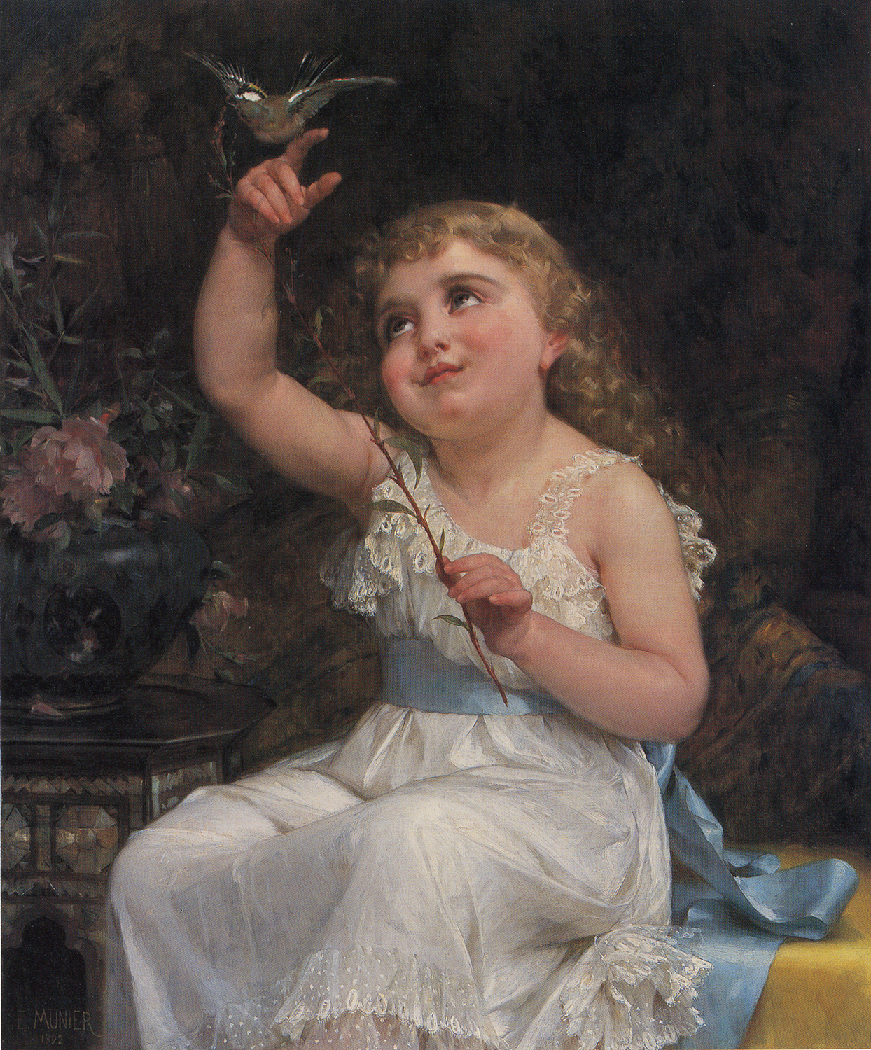 a young girl seated on a bench with a bird on her finger - Her New Friend - Emile Munier