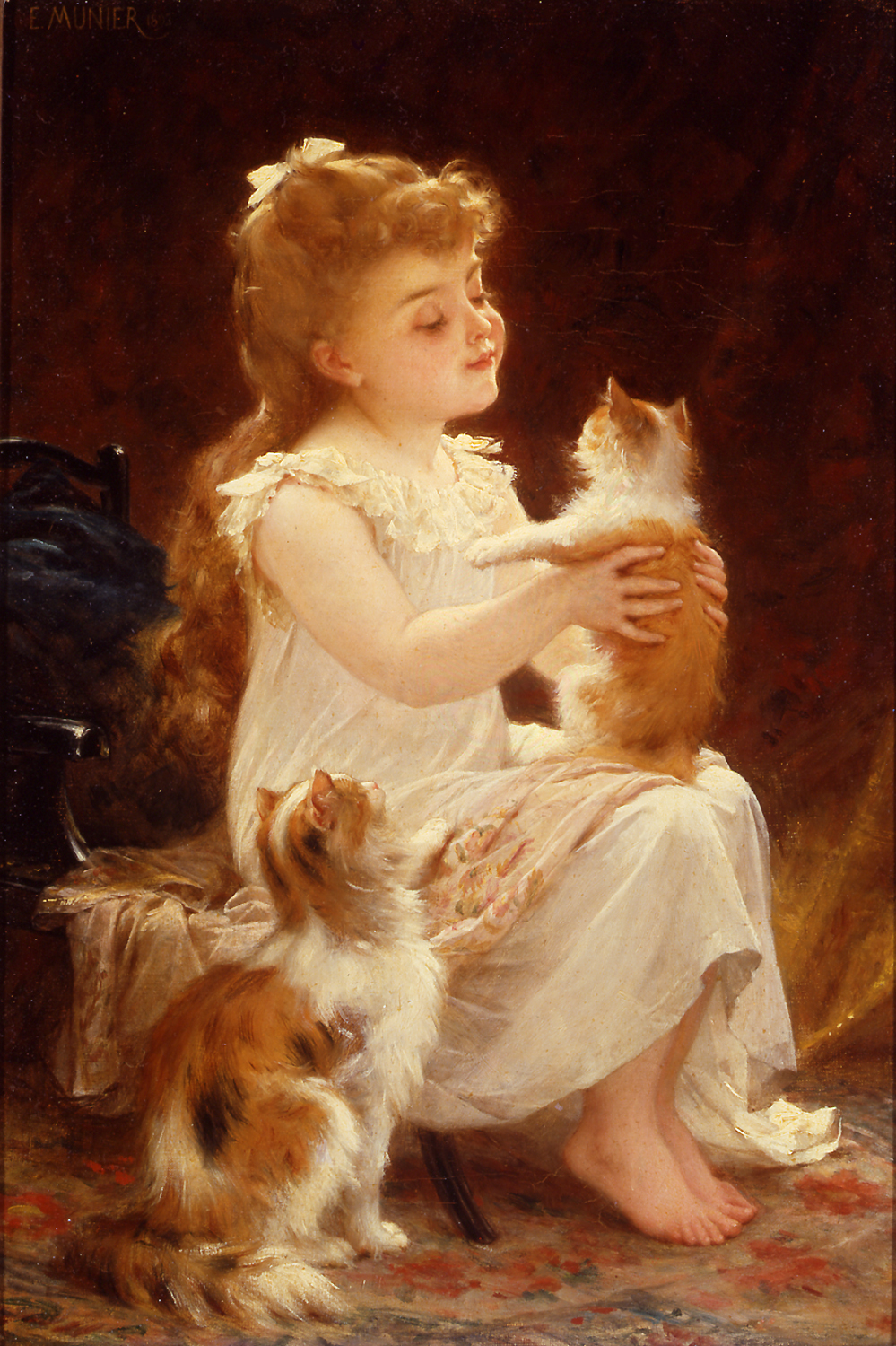 a young girl playing with kittens - Playing with the Kitten - Emile Munier
