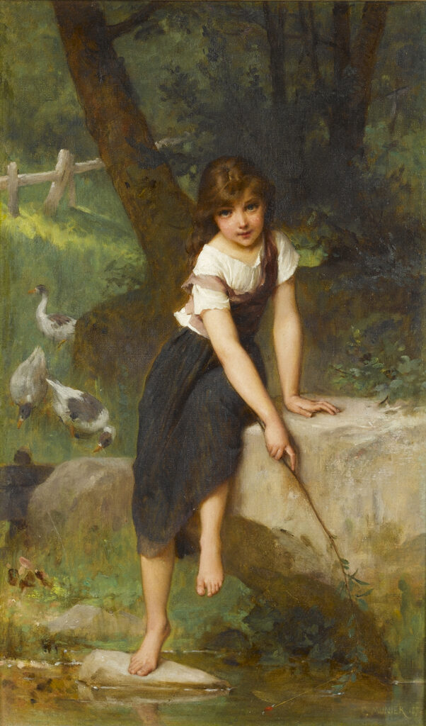 a young girl by a river fishing - Fishing for Minnows - Emile Munier