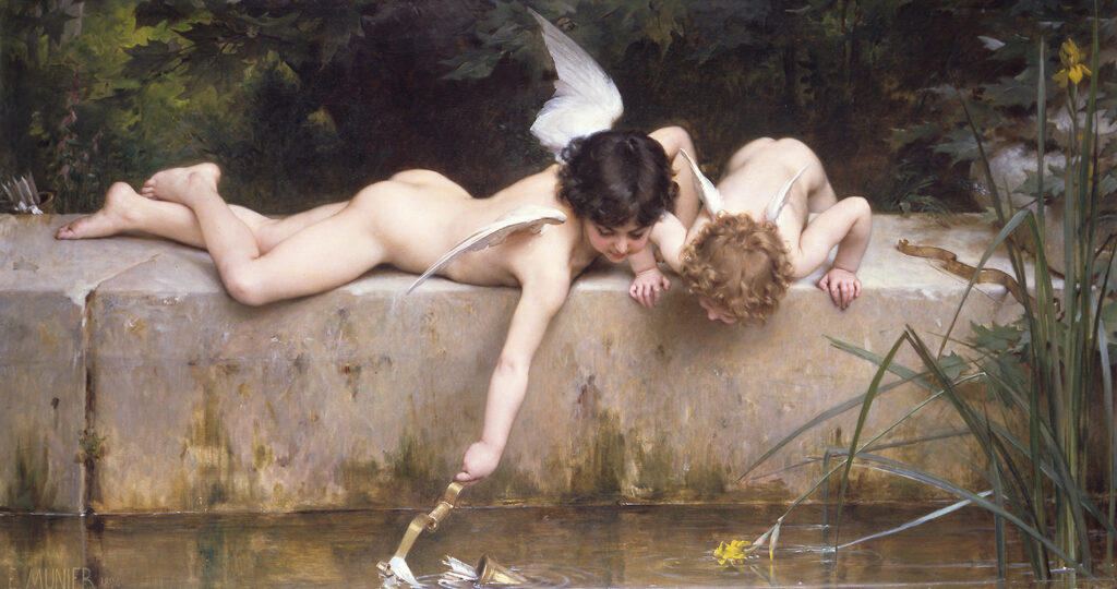two cupids trying to recover their arrows from a river - Un sauvetage (The Rescue) - Emile Munier