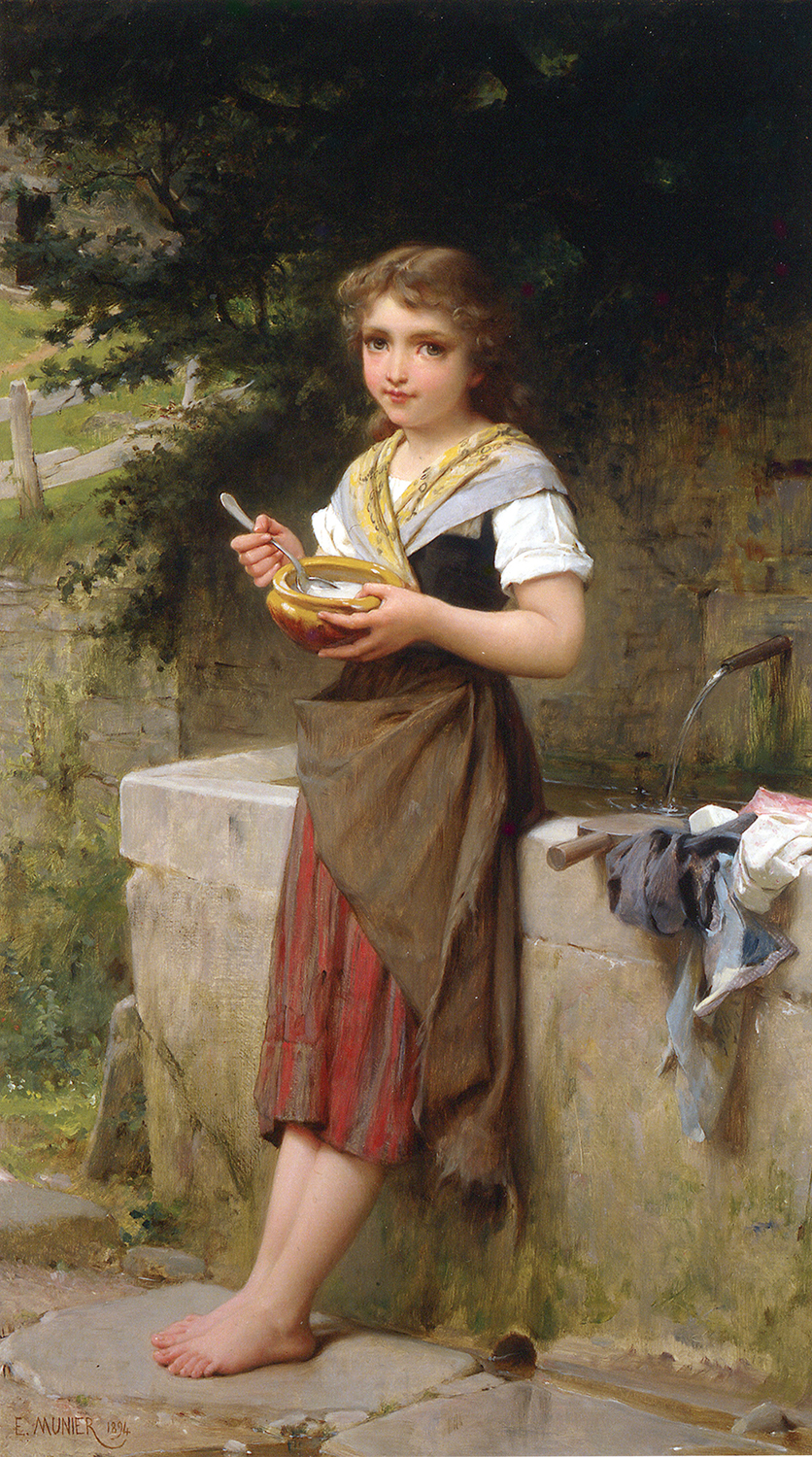 A young girl eating food from a bowl in a landscape - La jeune paysanne - Emile Munier