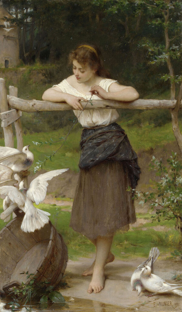 a young woman with several doves - Teasing the Doves - Emile Munier