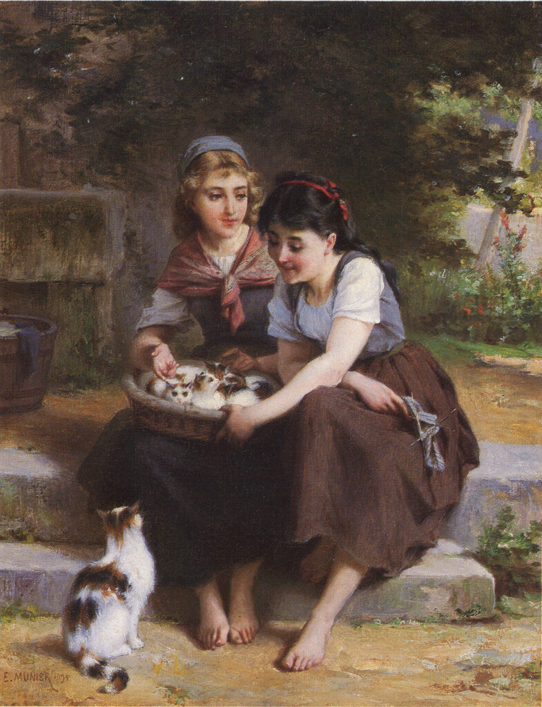 two young women playing with a cat and kittens - Deux Filles avec un Panier de Chatons - Emile Munier