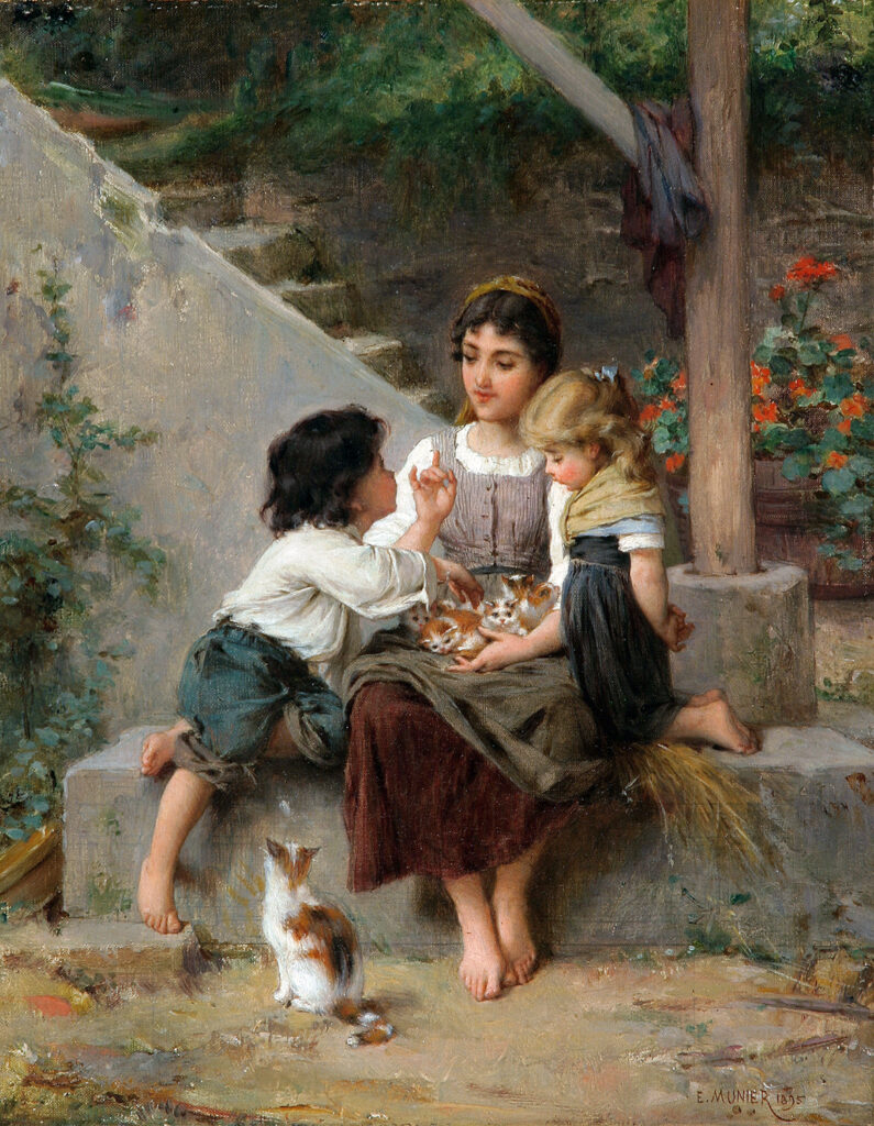 A mother with a yougn boy and girl playing with kittens - Playing with the Kittens - Emile Munier
