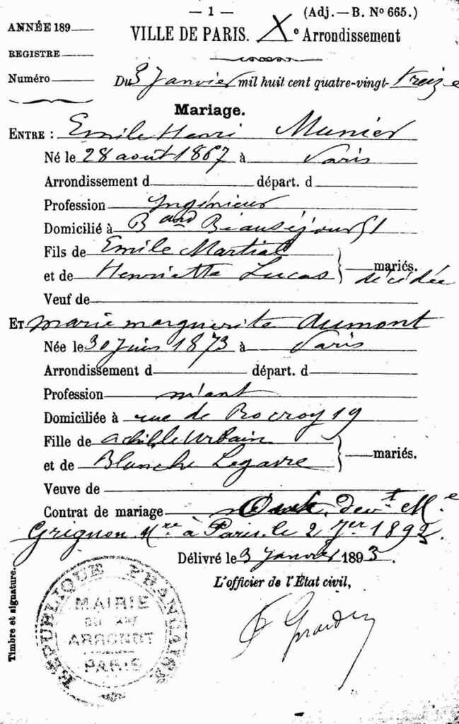 Copy of marriage certificate for Emile M. Munier and Henriette Lucas - August 10, 1861.