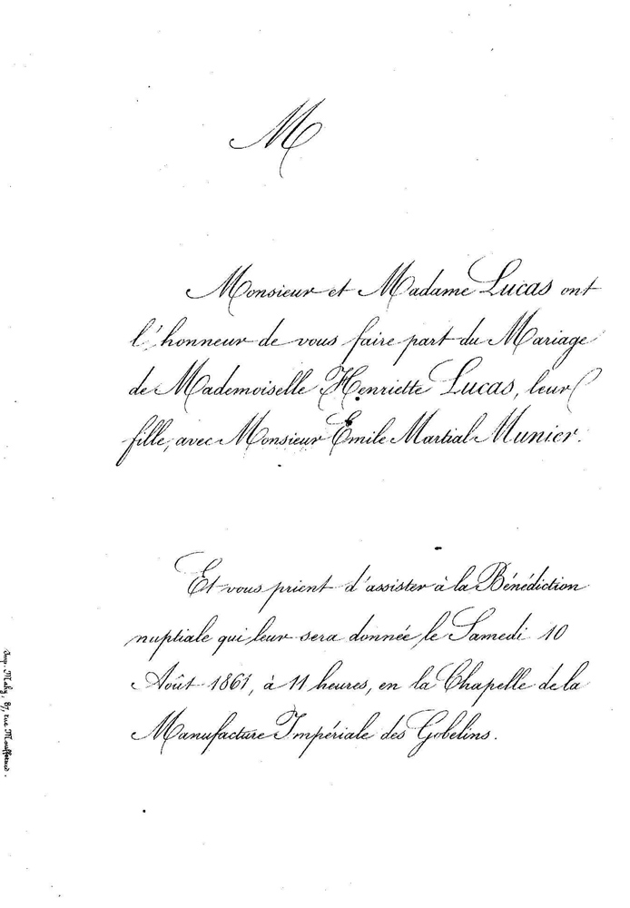 Copy of the marriage invitation for Emile Martial Munier and Henriette Lucas – August 10, 1861.