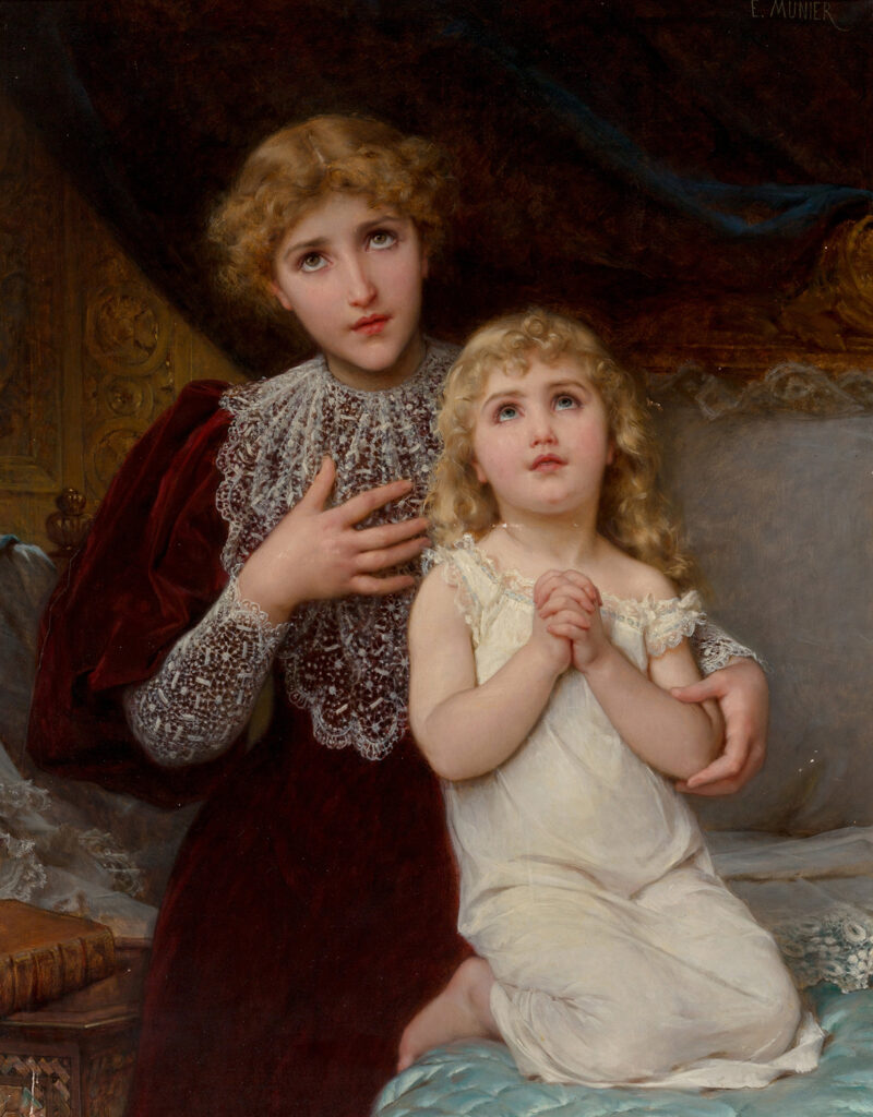 A mother and daughter praying at bedtime - Evening Prayer - Emile Munier