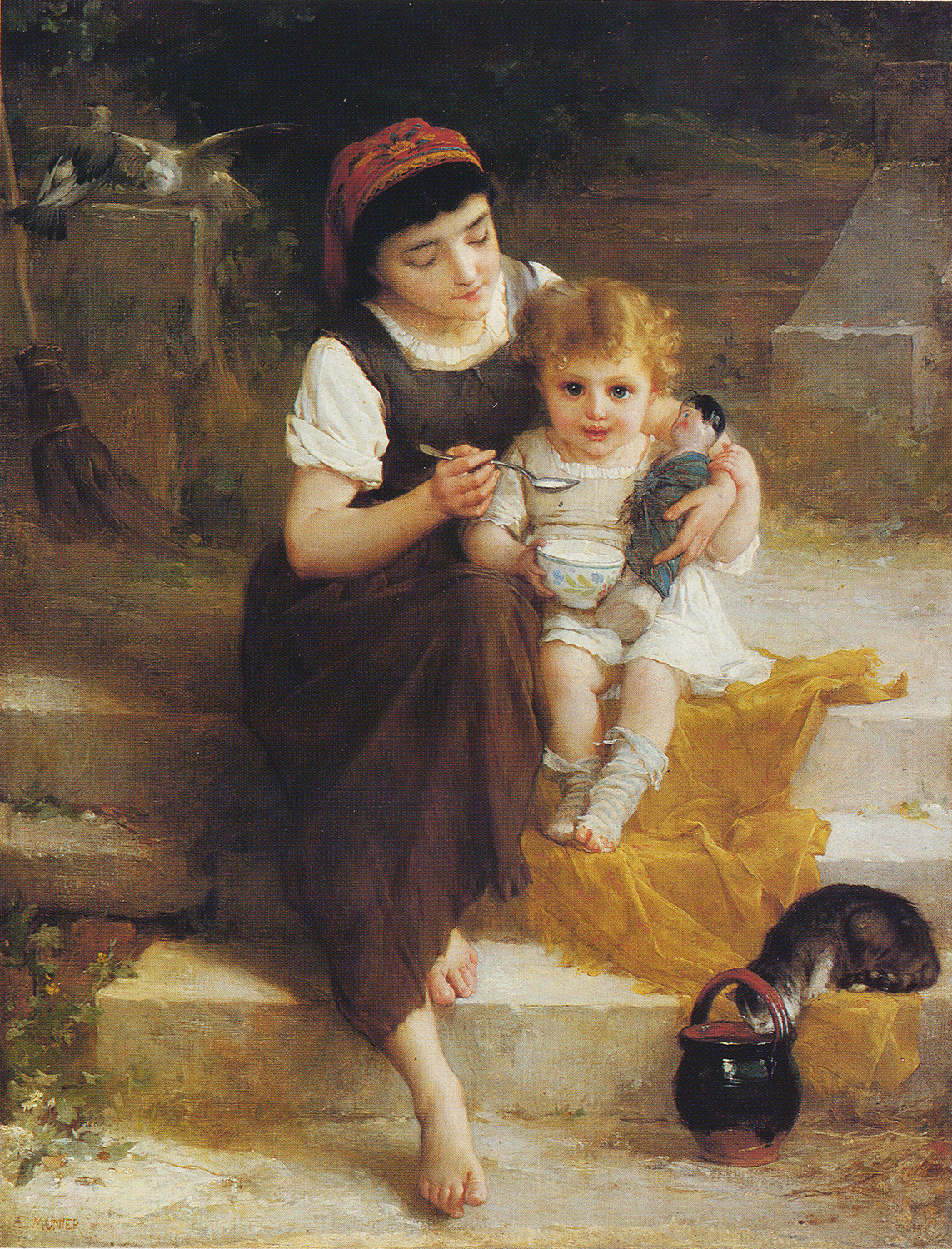 A mother feeing her baby on outdoor steps - Lunch on the Steps - Emile Munier