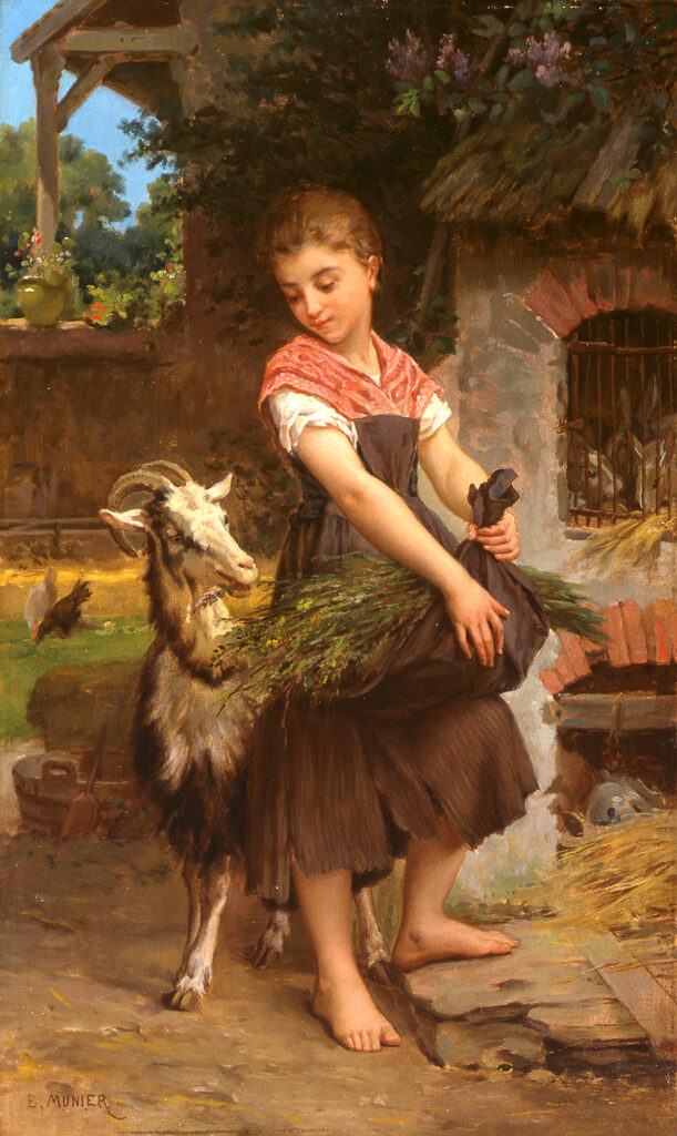 A young girl in a farmyard with a goat, rabbits and chickens - Emile Munier - The Naughty Goat