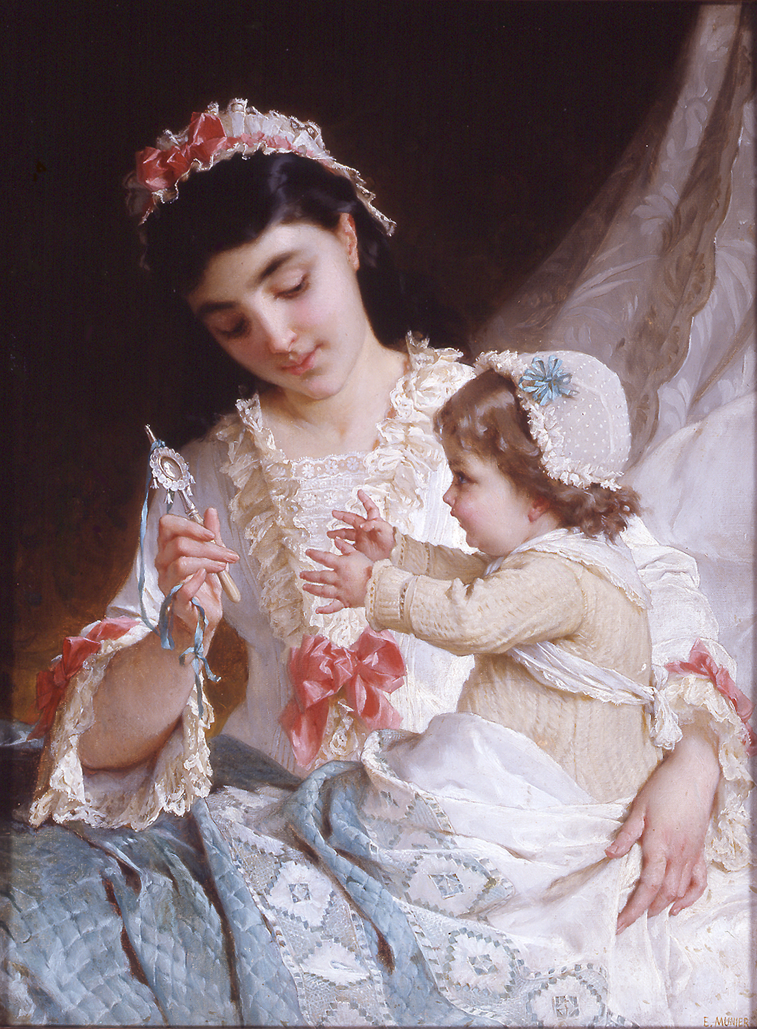 A mother and her baby playing in bed - Distracting the Baby - Emile Munier