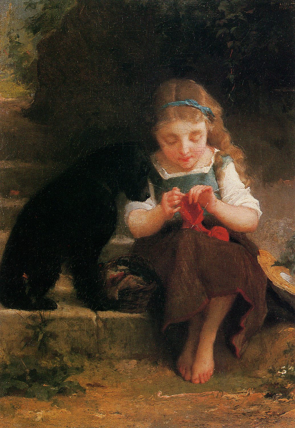 A young girl knitting with a dog sitting next to her - Best of Friends - Emile Munier