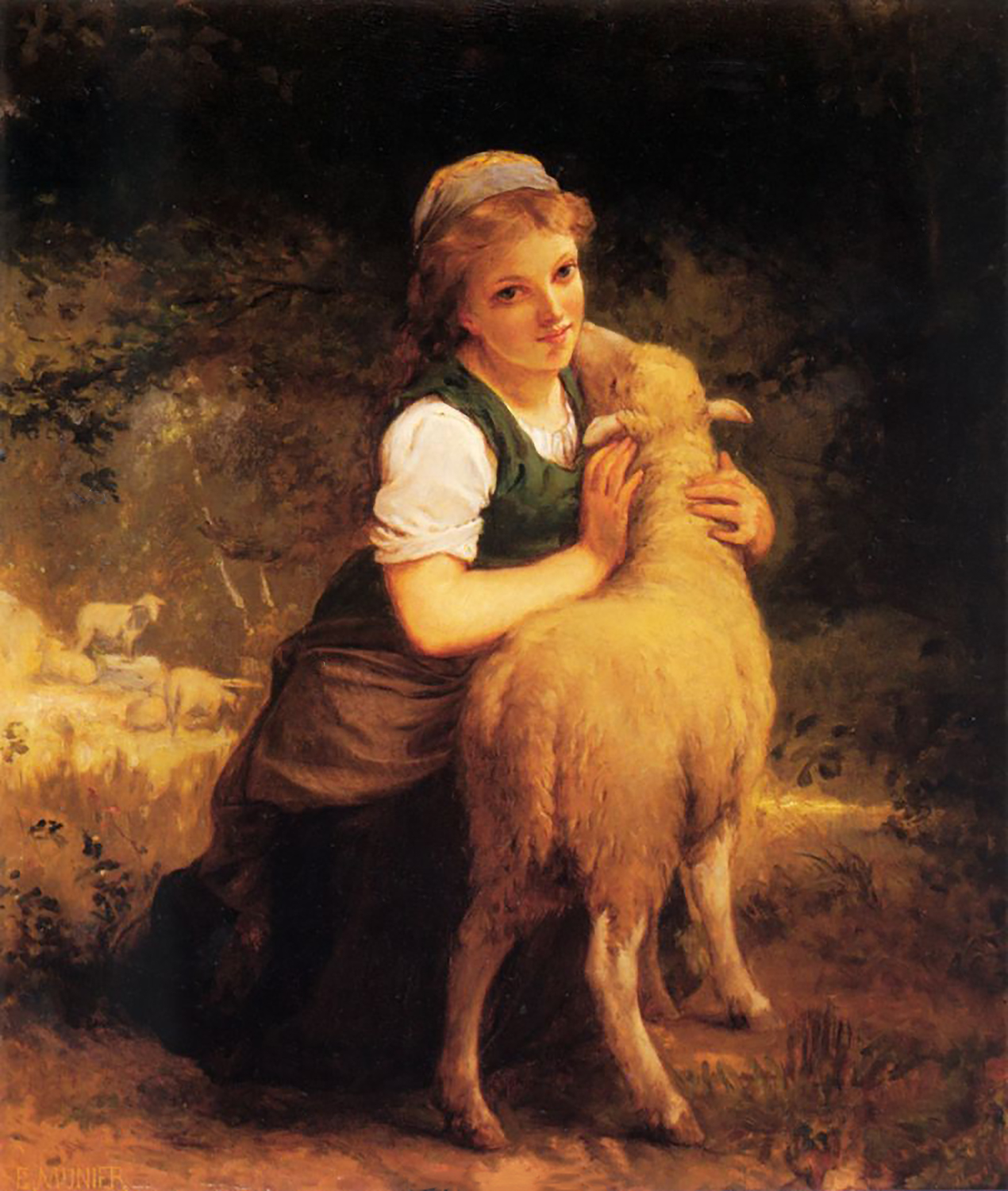 A young girl holding a lamb - Young Girl with Lamb - Emile Munier