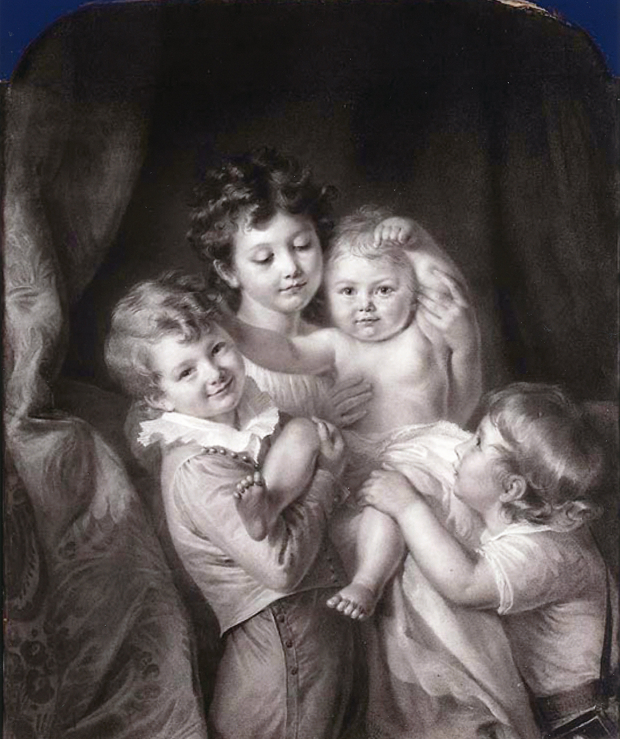 a portrait of four happy children - The New Arrival - Emile Munier