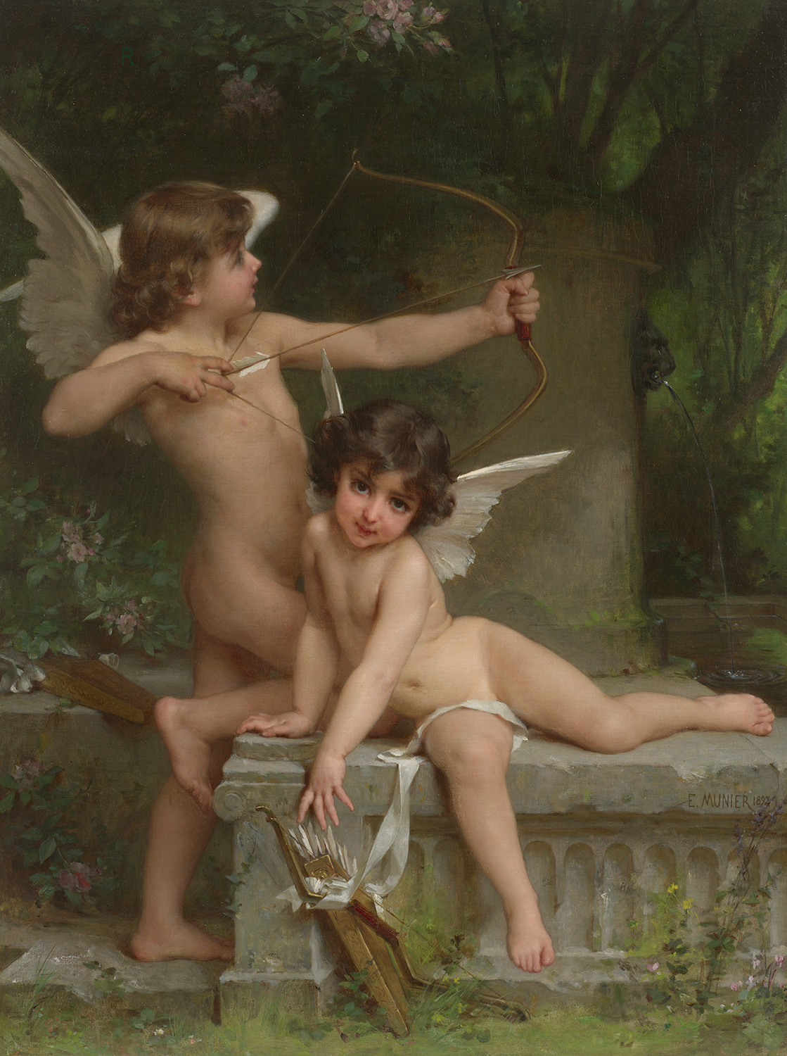 Two cupids in a garden